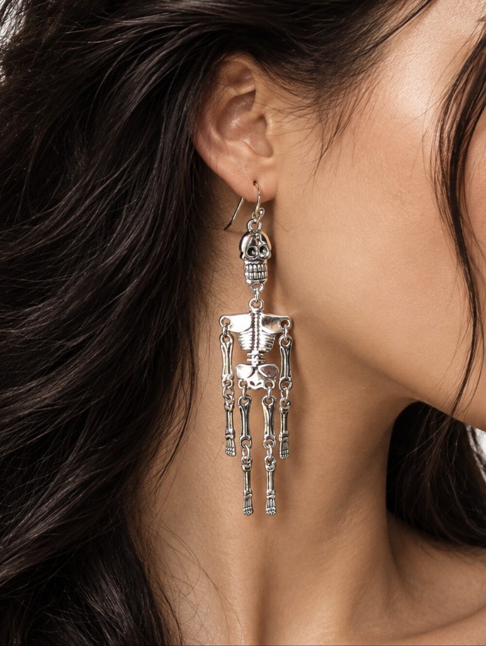 Long Dramatic earrings Halloween Jewelry Dangling Silver Drop Sculptural Scull
